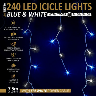 240 LED Icicle Lights 7.5M Indoor/Outdoor Christmas Lights with White Cable - Blue & Cool White
