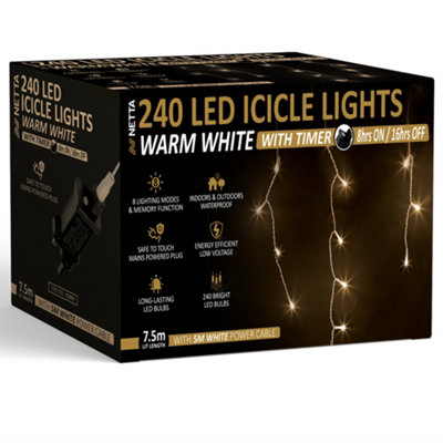 240 LED Icicle Lights 7.5M Indoor/Outdoor Christmas Lights with White Cable - Warm White Price Comparisons | Compare The Build