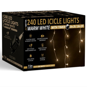 240 LED Icicle Lights 7.5M Indoor/Outdoor Christmas Lights with White Cable - Warm White
