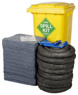 240 Litre EVO Recycled Spill Kit in a Wheelie Bin - Suitable for Hydraulics, Oils, Coolant, Fuels and Mild Ac'ds.