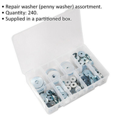 240 Piece Zinc Plated Repair Washer Assortment - M5 to M10 - Storage Box