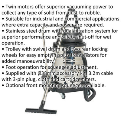 2400W Industrial Wet & Dry Vacuum Cleaner - 77L Stainless Steel Swivel Drum