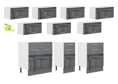 Free Standing Grey Gloss Kitchen Cabinets Cupboards Set 7 Units 240cm  2400mm