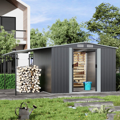 248cm D Outdoor Garden Galvanized Steel Storage Shed with Sliding Doors, Dark Grey, 8x8ft