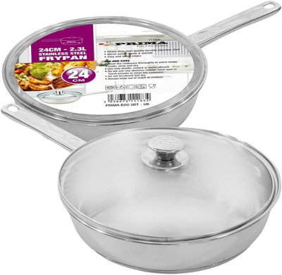 24Cm Frypan With Glass Lid Frying Stainless Steel Kitchen Pan Cooking Handle