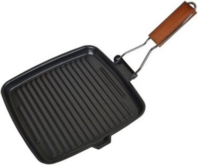 24cm Non Stick Griddle Grill Steak Pan Folding Handle Cast Aluminium Kitchen New