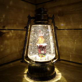 24cm Premier Christmas Water Spinner Antique Effect Hurricane Lantern with Robin on Post-box Dual Powered