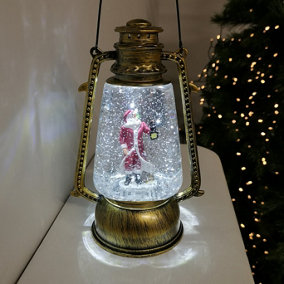 24cm Premier Christmas Water Spinner Antique Gold Effect Hurricane Lantern Style  with Santa Scene