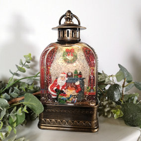 24cm Snowtime Dual Power LED Christmas Glitter Water Spinner Antique Lantern Santa Scene