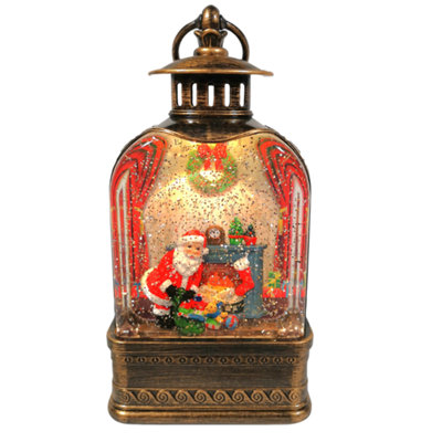 24cm Snowtime Dual Power LED Christmas Glitter Water Spinner Antique Lantern Santa Scene