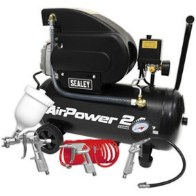 24L Direct Drive Air Compressor with 4 Piece Accessory Kit - 2hp Induction Motor - Airbrush for Wall Fence Car