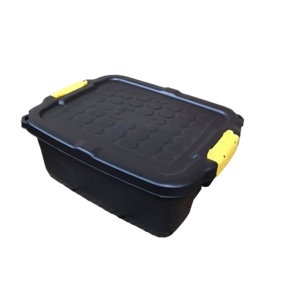 24L Heavy Duty Storage Box Sturdy, Lockable, Stackable and Nestable Design Storage Chest with Clips in Black
