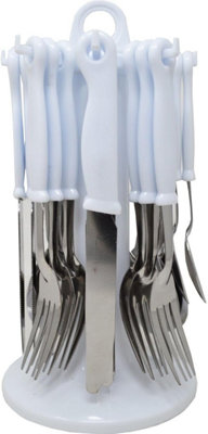 24PC Cutlery Dinner Set Stainless Steel Metal Stand Rack Forks Tea ...