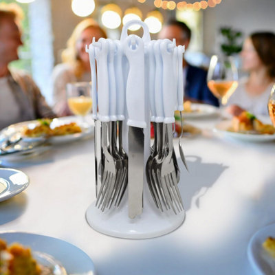 24PC Cutlery Dinner Set Stainless Steel Metal Stand Rack Forks Tea ...