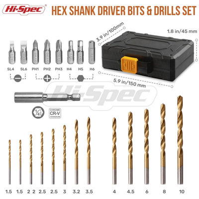 24pc HSS Metal Drill Bits & 1/4" Hex Shank Screw Driver Bit Set for Drill Driver