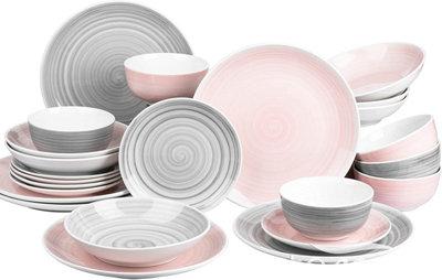 24pc Pink & Grey Swirl Porcelain Dinnerware Set - 6X Dinner Plates, 6X Side  Plates, 6X Deep Bowls & 6X Pasta Bowls