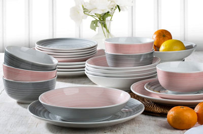 24pc Pink Grey Swirl Porcelain Dinnerware Set 6X Dinner Plates 6X Side Plates 6X Deep