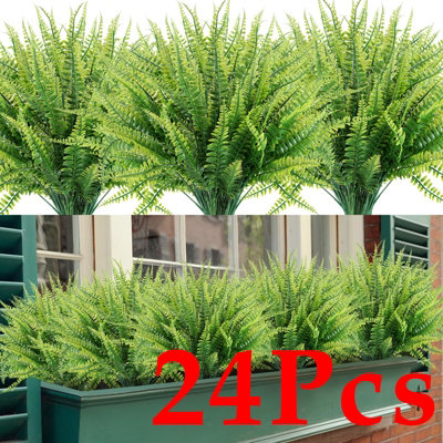 24Pcs Artificial Plants, Fake Boston Fern Greenery Outdoor UV Resistant No Fade Faux Plastic Plants Garden Window Box Decorating