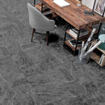 24Pcs Square 3D Stone Effect Marble Self Adhesive PVC Floor Tiles Waterproof, Dark Grey 5m² Pack