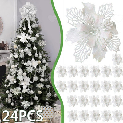 24Pcs White Glitter Poinsettia Artificial Flowers, Decor Ornaments for ...