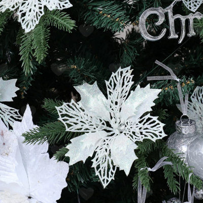 24Pcs White Glitter Poinsettia Artificial Flowers, Decor Ornaments for ...