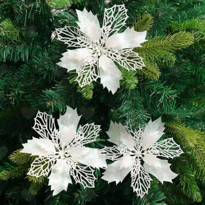 24Pcs White Glitter Poinsettia Artificial Flowers, Decor Ornaments for ...