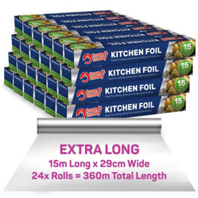 24pk Tin Foil Roll Bulk Case Pack - Extra Long 15m Rolls, 360M Aluminium Kitchen Foil Roll, 29cm Wide x 15m Rolls