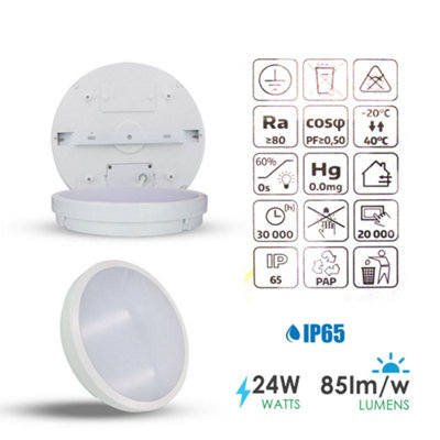 24W LED Bulkhead Ceiling Light 6000K IP65 Waterproof 2000 Lumens, Cool White