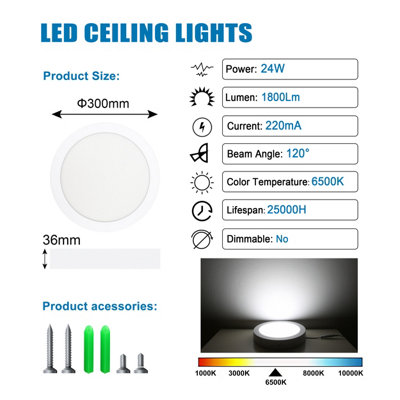 24W LED Cool White Flush Mount Ceiling Light, 1800LM 6500K