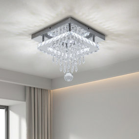 24W Modern Chorme Finish Square Crystal Ceiling Light Cool White Light with Droplets 25cm