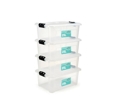 25 litre Pack Of 4 Plastic Storage Boxes Box With Clip Lock Lid Home ...