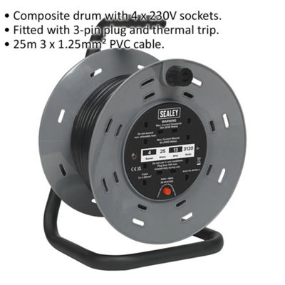 25 Metre Cable Reel - 4 x 230V Plug Socket Extension Lead - Thermal Trip - 3120W