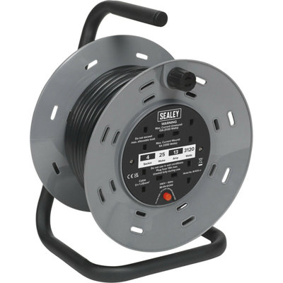 25 Metre Cable Reel - 4 x 230V Plug Socket Extension Lead - Thermal Trip - 3120W - 3