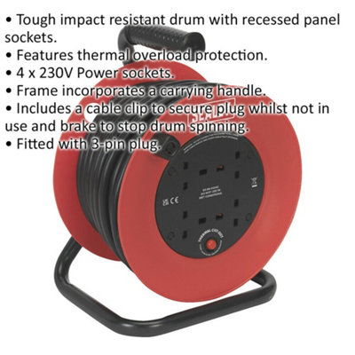 25 Metre Heavy Duty Cable Drum - 4 x 230V Socket Extension Lead - Thermal Trip