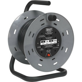 25 Metre Heavy Duty Cable Reel - 4 x 230V Socket Extension Lead - Thermal Trip