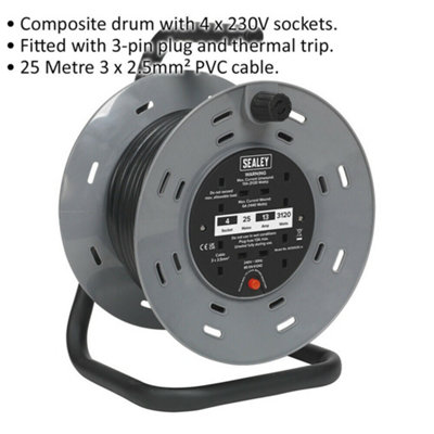 25 Metre Heavy Duty Cable Reel - 4 x 230V Socket Extension Lead - Thermal Trip