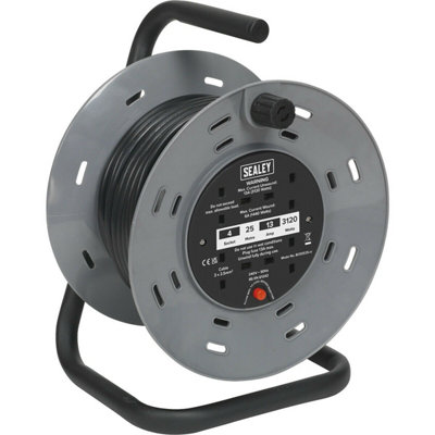 25 Metre Heavy Duty Cable Reel - 4 x 230V Socket Extension Lead - Thermal Trip - 3