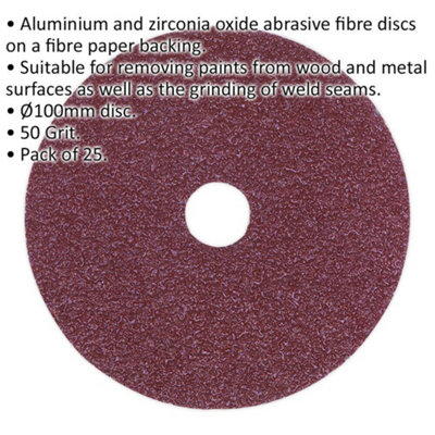 25 PACK - 100mm Fibre Backed Sanding Discs - 50 Grit Aluminium Oxide Round Sheet