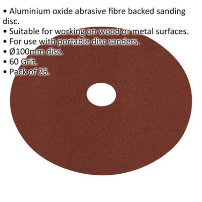 25 PACK 100mm Fibre Backed Sanding Discs - 60 Grit Aluminium Oxide Round Sheet