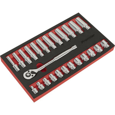 25 PACK DEEP Socket Set - 3/8" Metric Square Drive 6 Point & Ratchet Handle