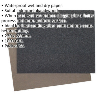 25 Pack Waterproof Wet & Dry Sandpaper - 1000 Grit for Metal and Wood ...