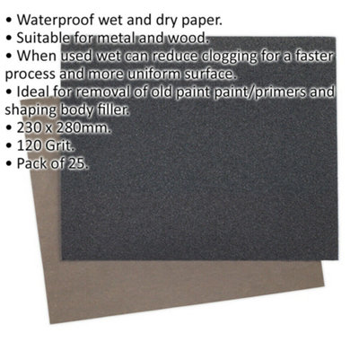 25 PACK Wet & Dry Abrasive Sand Paper - 230 x 280mm - 120 Grit - Waterproof