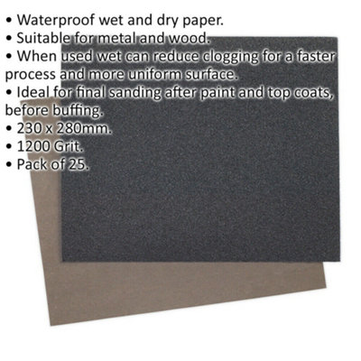 25 PACK Wet & Dry Abrasive Sand Paper - 230 x 280mm - 1200 Grit - Waterproof