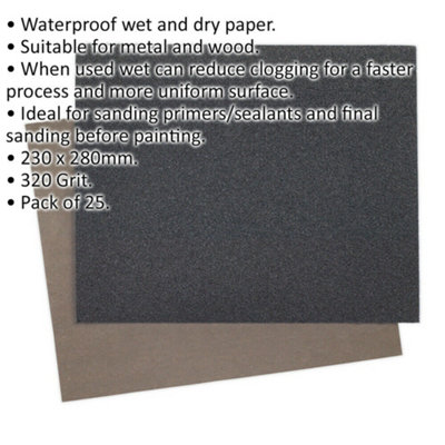 25 PACK Wet & Dry Abrasive Sand Paper - 230 x 280mm - 320 Grit - Waterproof