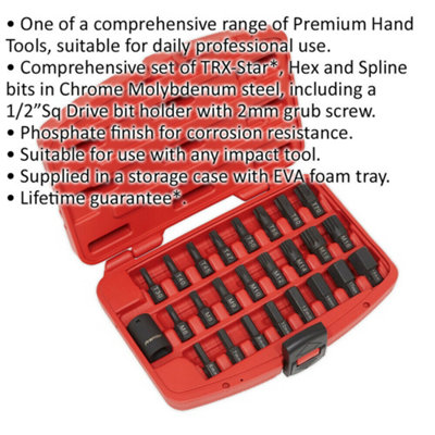 25 Piece Impact Socket Bit Set - 1/2" Square Drive - TRX-Star / Hex / Spline Bit