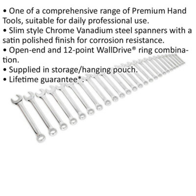 25-Piece Slim Handled Combination Spanner Set - Metric Wrench Set with 12 Point Design