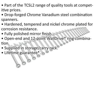25-Piece Slim Handled Combination Spanner Set with 12-Point Metric Ring and Open End Heads