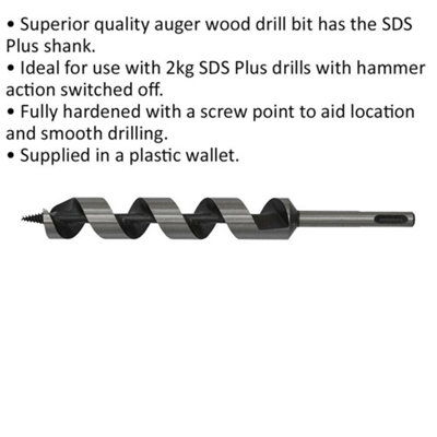 25 x 235mm SDS Plus Auger Wood Drill Bit - Fully Hardened - Smooth Drilling