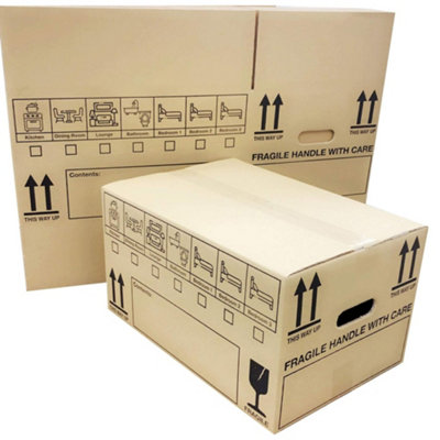 25 x Cardboard Storage House Moving Boxes 18x12x10" Packing Cartons With Carry Handles & Room List