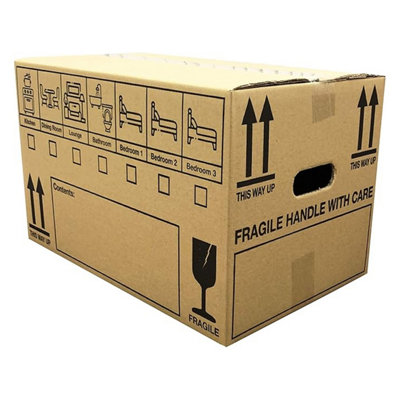 25 x Medium Size (18x12x10") Fragile Handle With Care Removal Cardboard Boxes With Carry Handles
